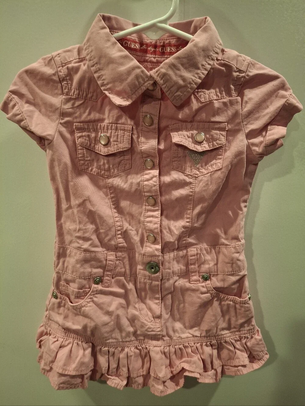 GUESS Girls' Light Pink Button-Front Ruffle Shirt Dress